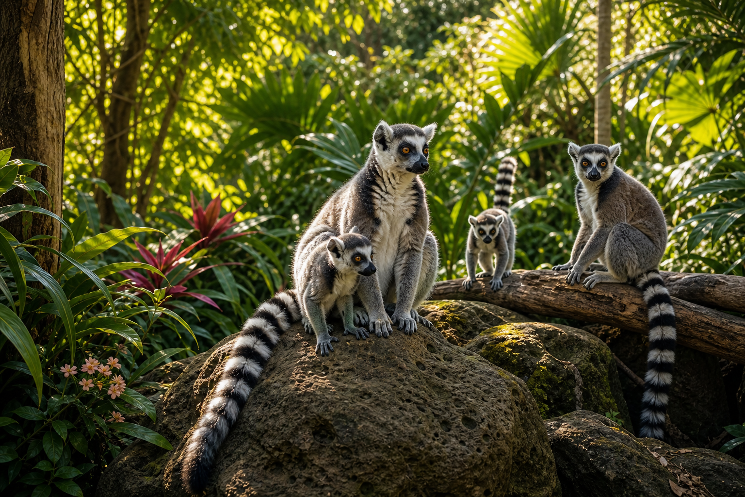 Ring-tailed lemurs at Loro Parque style habitat